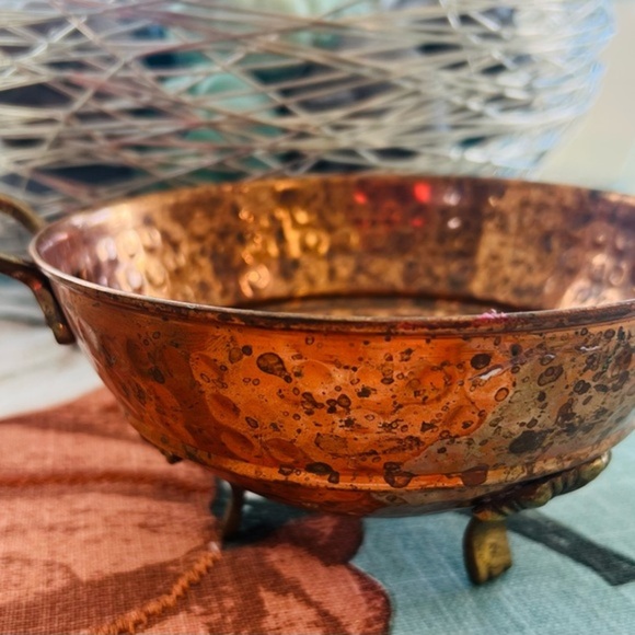 None Other - Vintage Hand-Hammered Copper Colander Bowl with Brass Handles & Feet